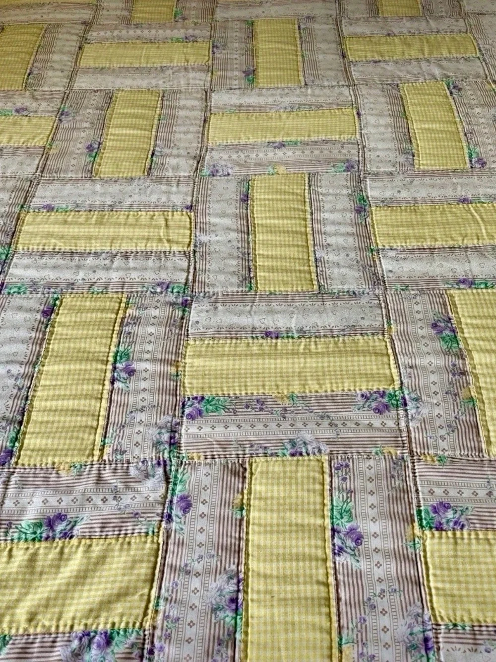 VTG Handmade Rail Fence Quilt Queen Yellow Gingham Cottagecore Floral